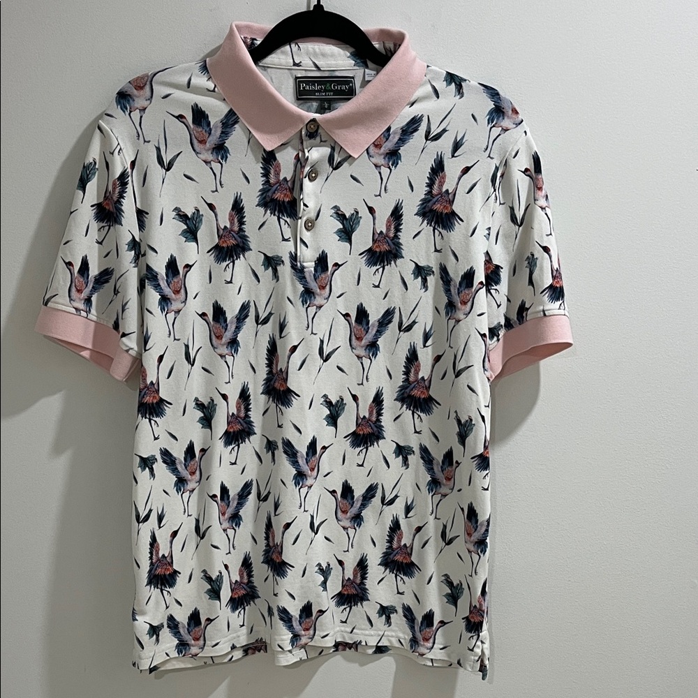 Paisley & Gray Men’s Polo Large Short Sleeve Shirt Birds Pink Blue White Golf